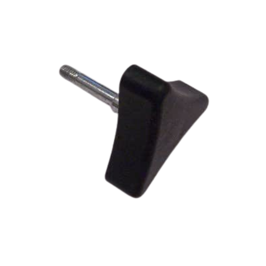 A black plastic T-shaped knob with a metal threaded bolt, shown on a white background, designed as a Nova Replacement Part for ZOOM & GetGo Rollators.